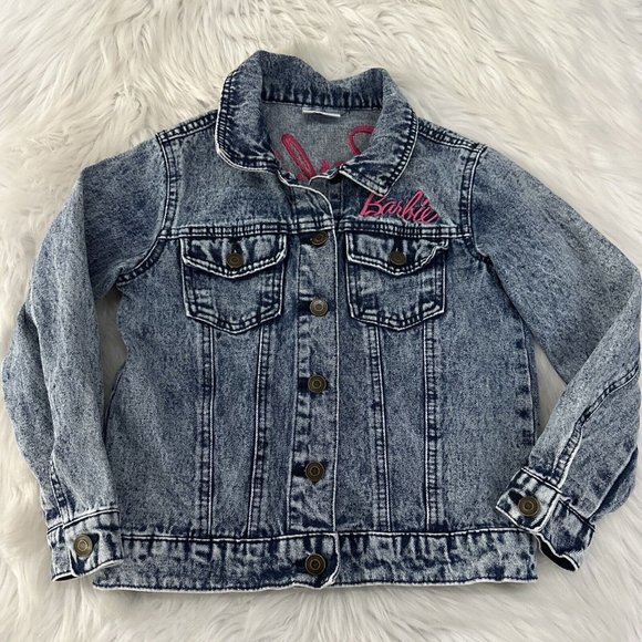 Barbie Girls Denim Jean Jacket M 100% Cotton Front Back Logo Light Wash - Picture 2 of 13